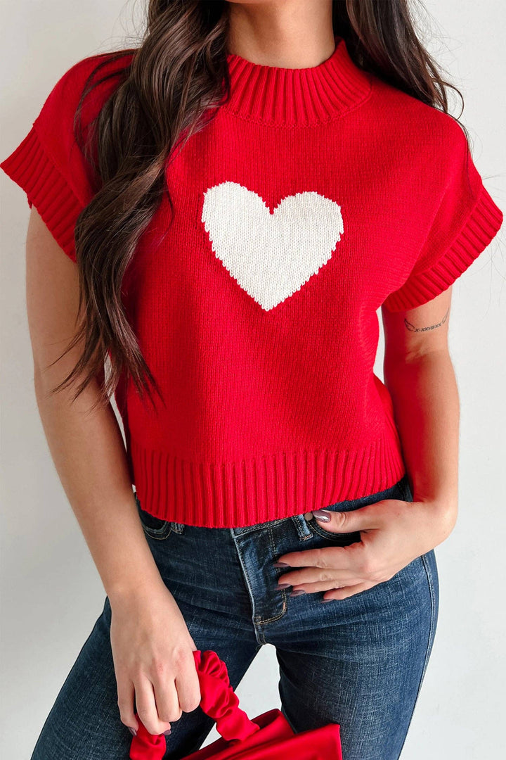 Fiery Red Valentine Heart Graphic Cropped Short Sleeve Sweater: Fiery Red / 52%Viscose+26%Polyester+22%Polyamide / L