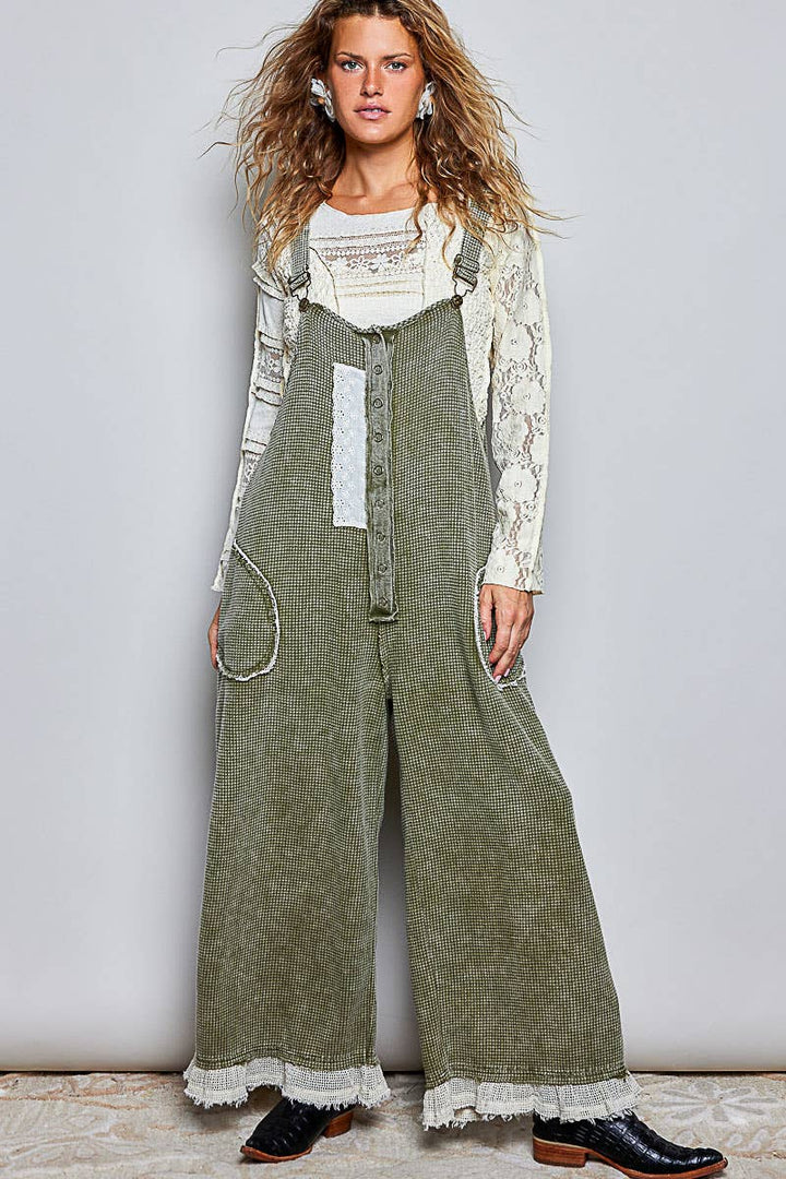 Thermal Cotton Lace Rib Placket Metal Snap Wide Leg Overall