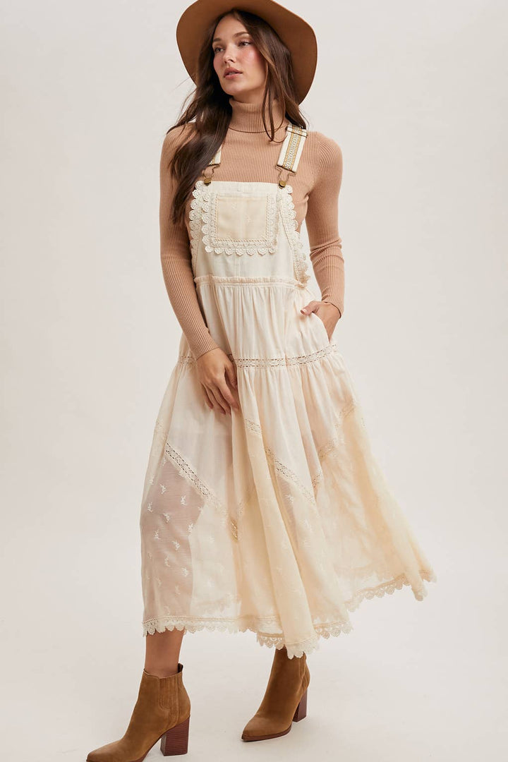 LACE EMBROIDERED TULLE BIB MAXI DRESS: ASH / L