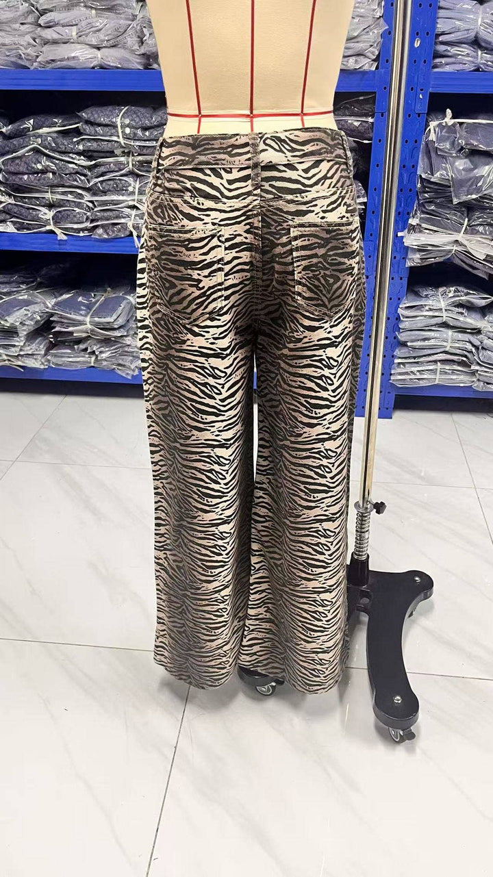 Zebra print loose low-rise straight-leg jeans: LEOPARD / (S) 1