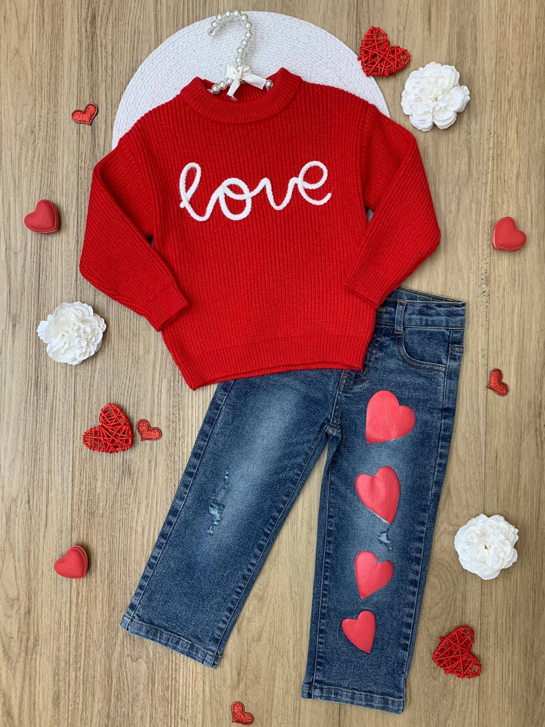 Red Love Sweater and Heart Denim Pant Set: Red / 3T