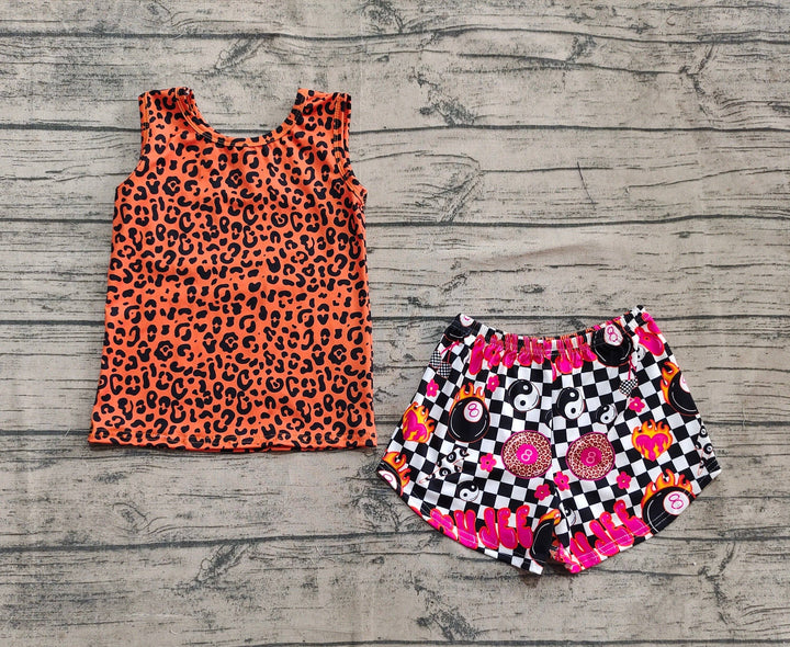 Baby Girls Sleeveless Leopard Top Black Plaid Shorts Sets