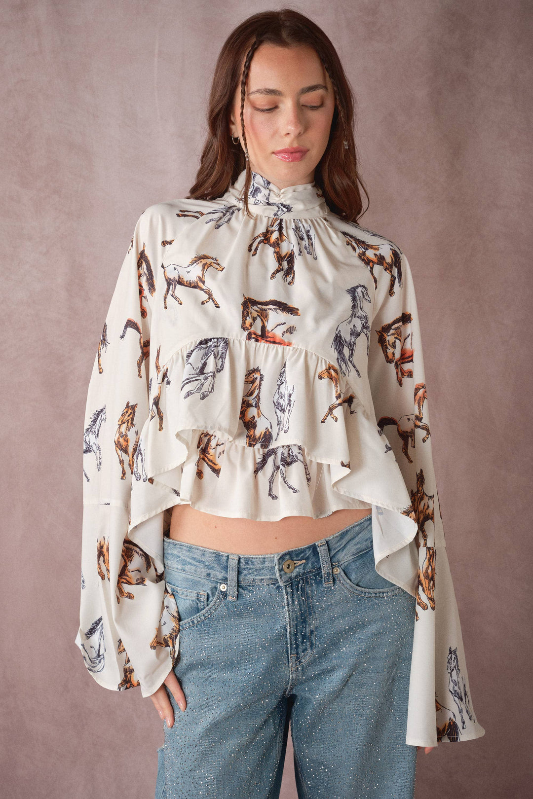 High Neck Horse Print Ruffle Blouse