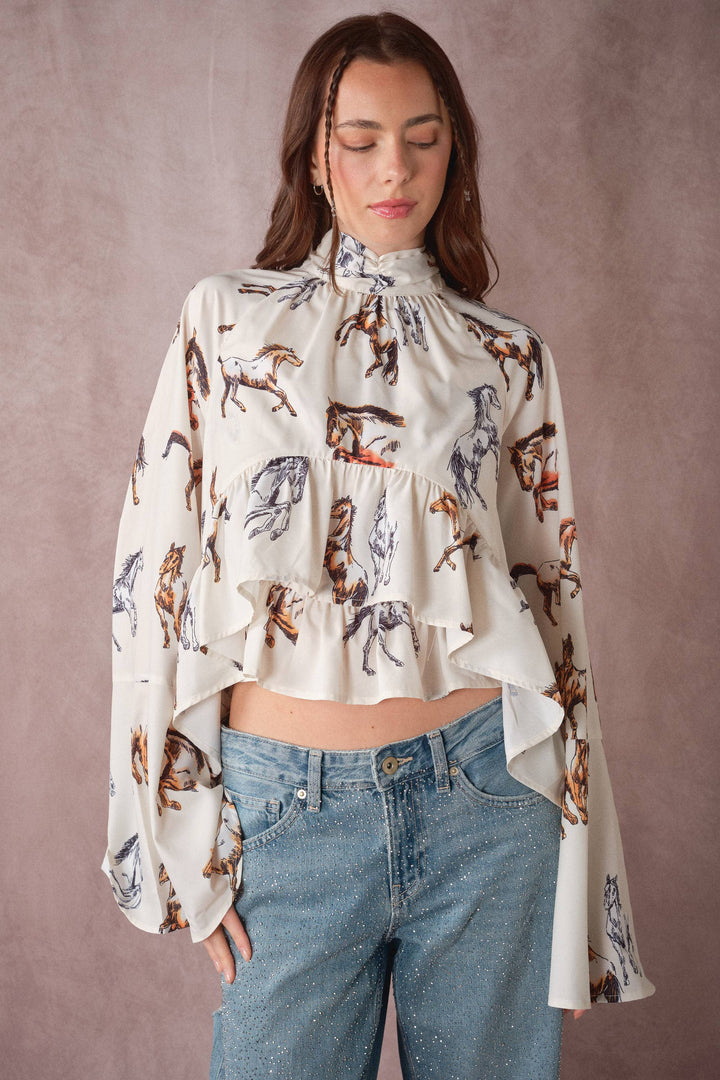 High Neck Horse Print Ruffle Blouse