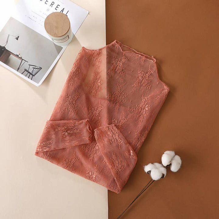 Floral Lace Sheer Mesh Layering see through Top: Taupe / XL
