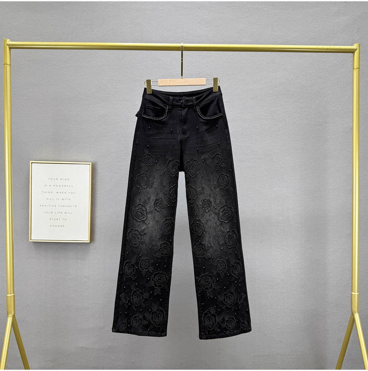 PT41Y Black High Waist Straight Leg Beaded Denim Pants: Color as pictures / English / XS