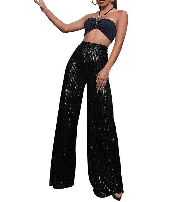 Butt-lifting extra long wide-leg sequin pants: Beige / M
