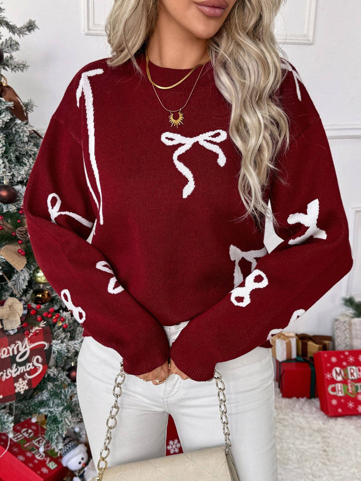 Holiday Bow Knit Sweater Festive Cozy Winter Pullover: Red / M
