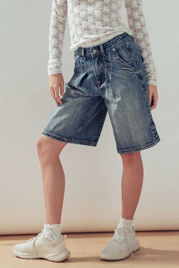 Wide-Leg Utility Denim Bermuda Shorts