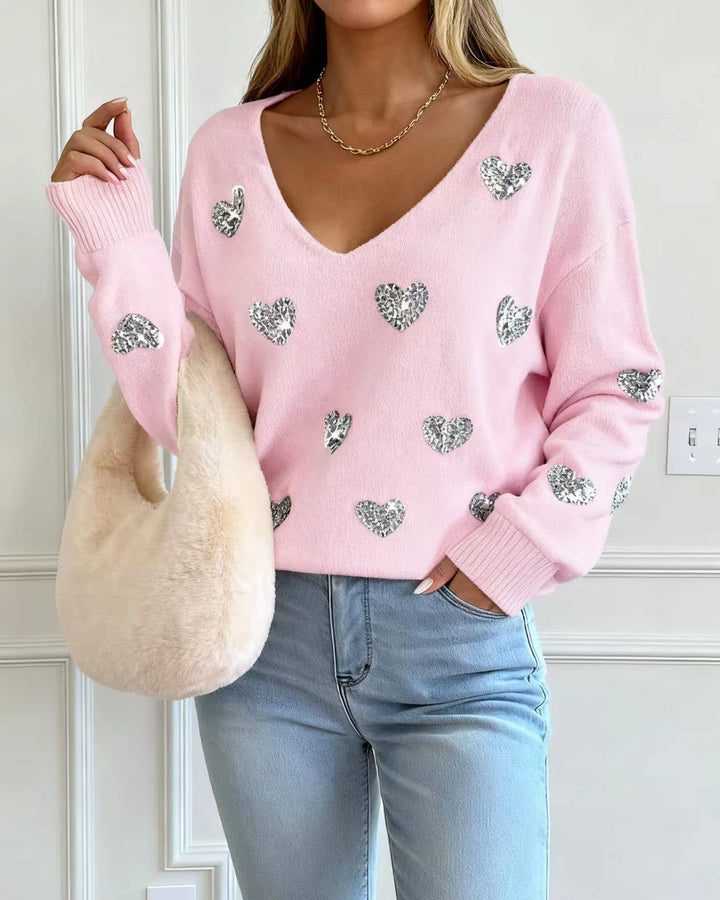 Valentines Sequin Heart Embroidered V-Neck Sweater: White / S