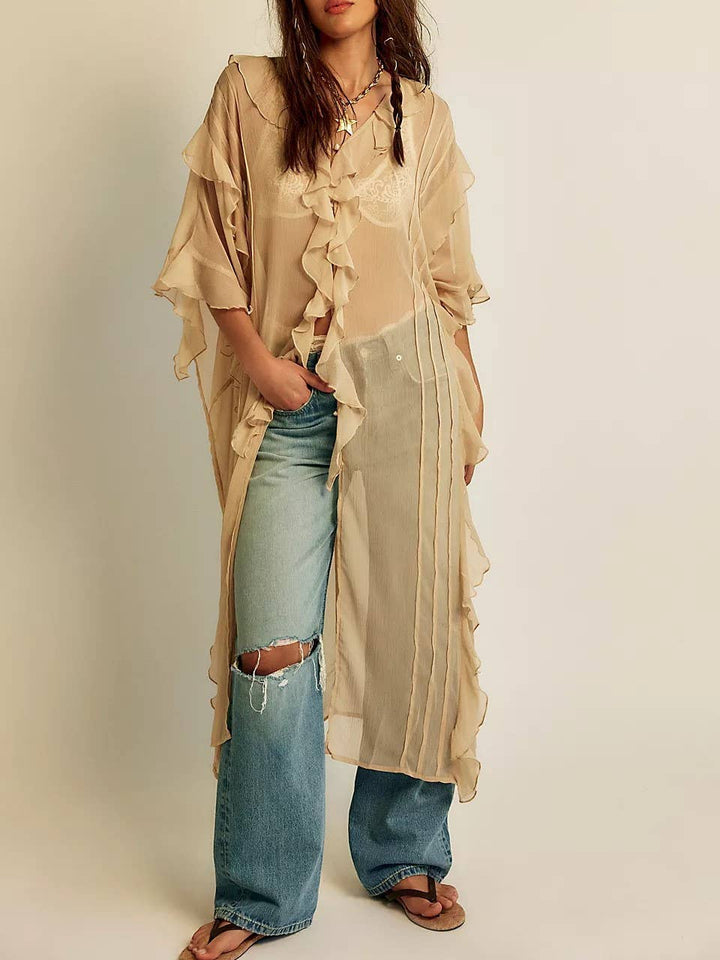 Boho lightweight sheer ruffle maxi top duster kimono jacket: OffWhite / M