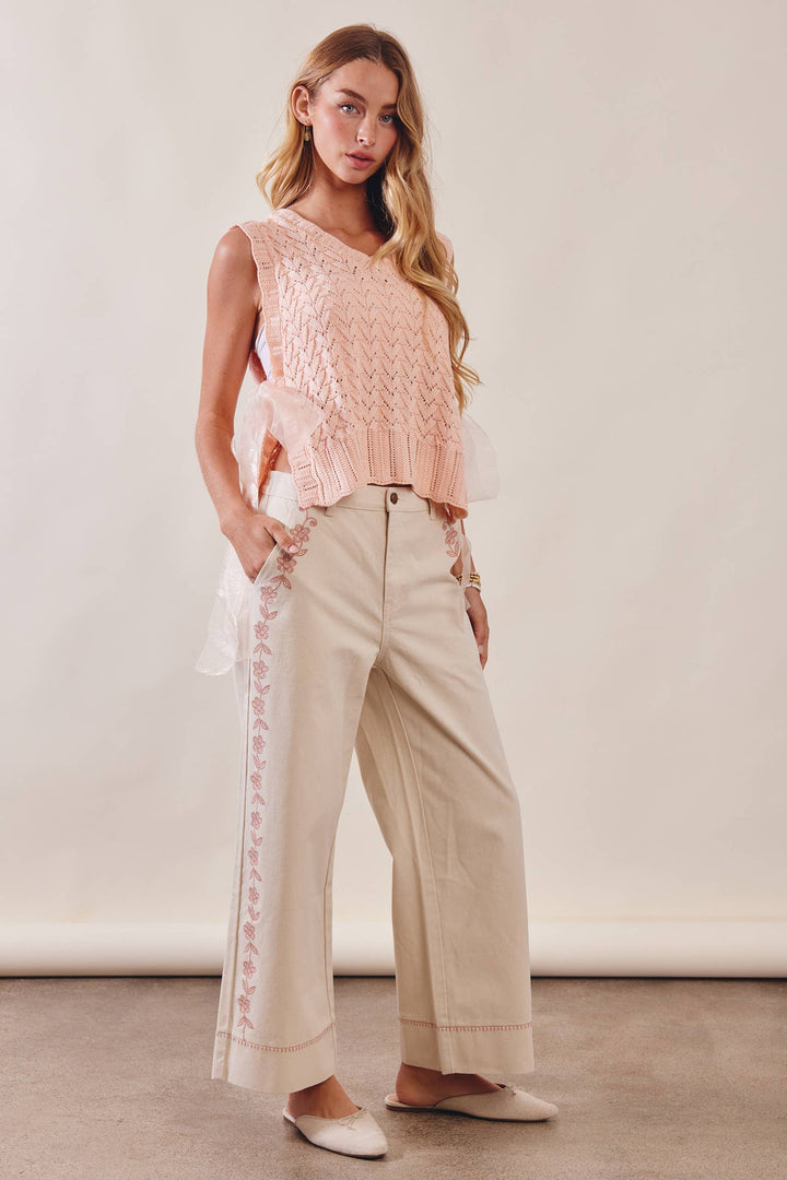 Pointelle Knit Ribbon-Tie Vest Top