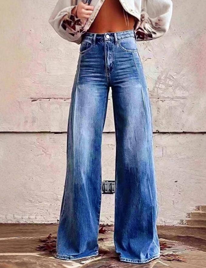 Washed Extra-Long Wide-Leg Jeans: DarkBlue / M