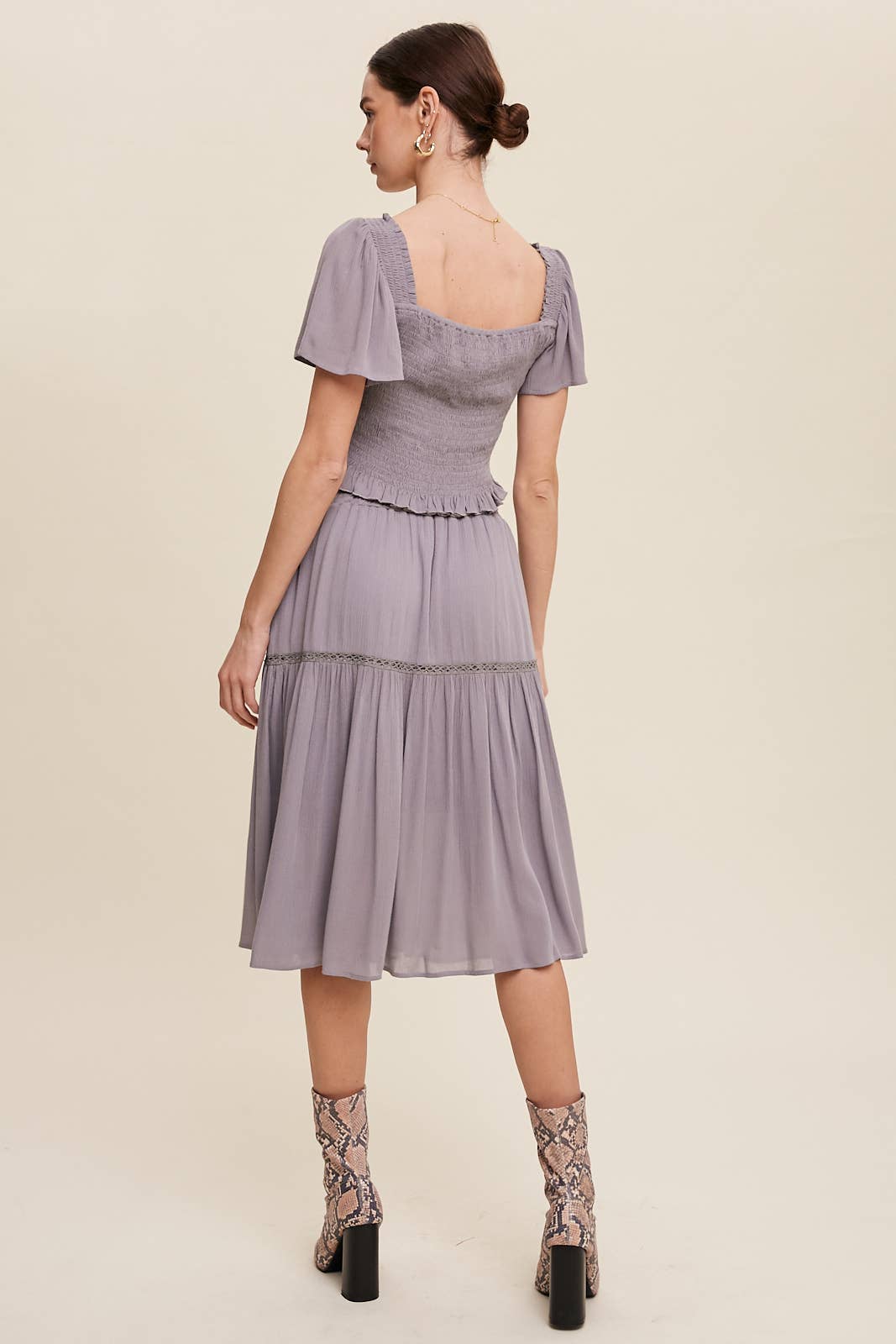 Smocked Crop Top & Tiered Midi Skirt Set: Gray