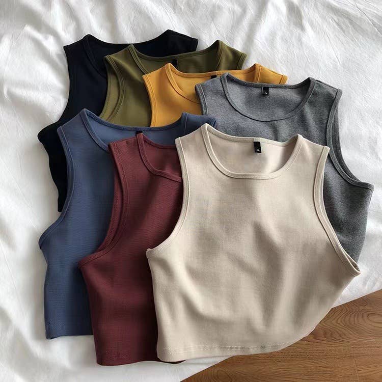 Daily r-neck sleeveless athletic crop tank top: Charcoal