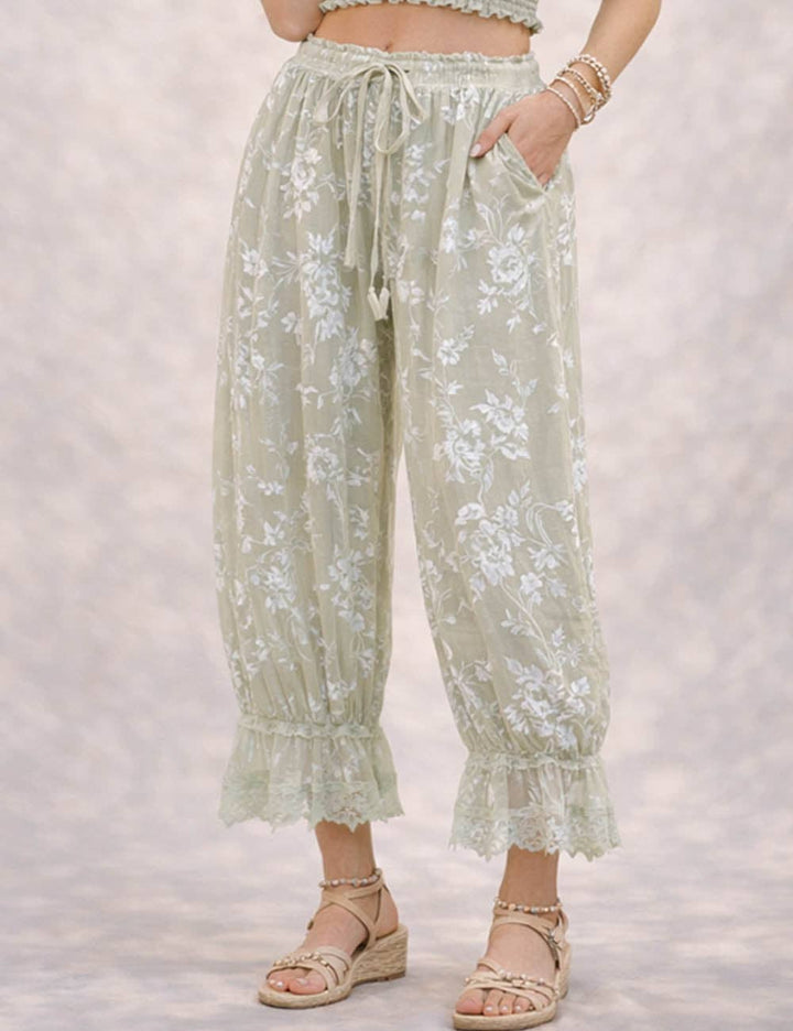 Ladies Lace Hem Floral Flocked Elastic Waist Lantern Pants