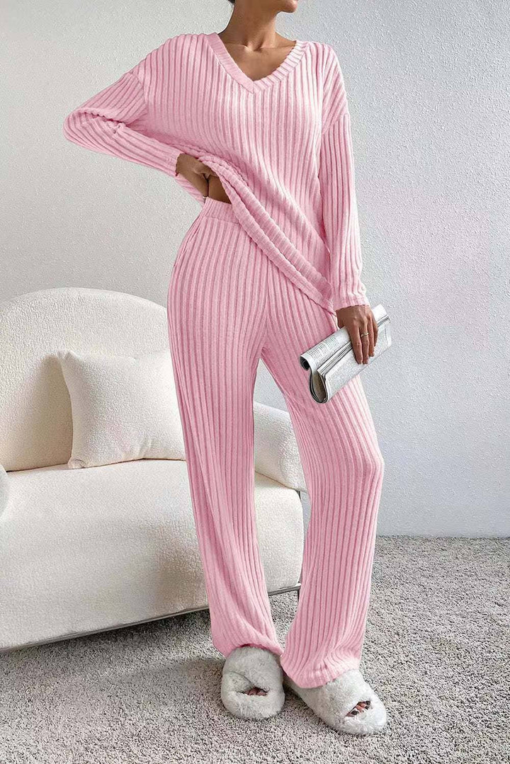 Ribbed Knit Long Sleeve Lounge Pajama Set: Khaki