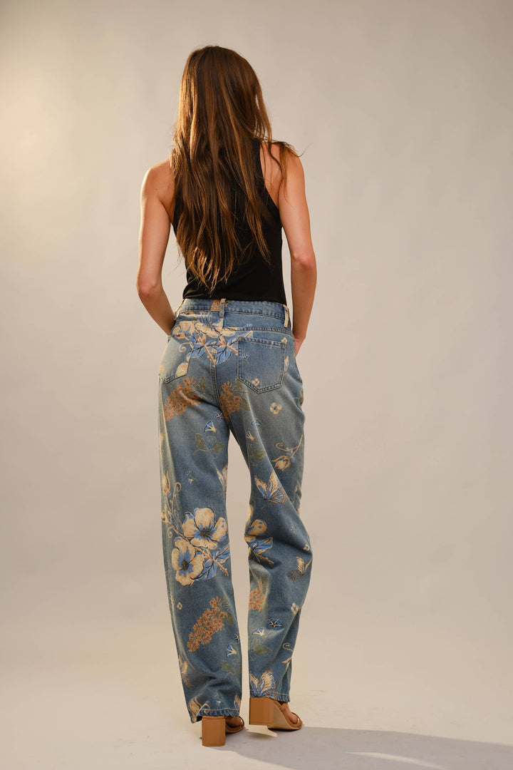 91690P Floral Print Wide Leg Jeans: DENIM MULTI / S-M-L