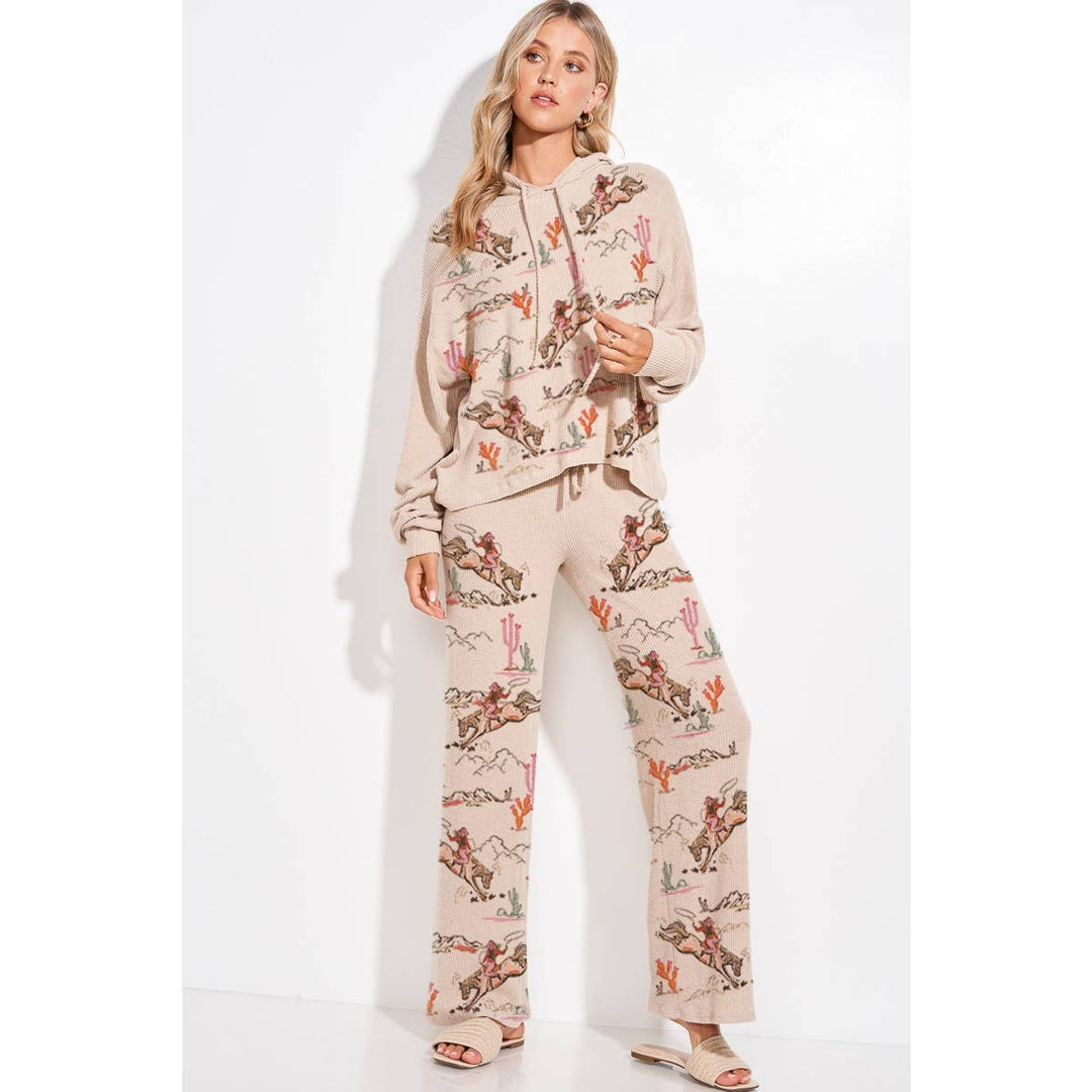 Desert Cowgirl Print Rib Hoodie Loungewear Set : Taupe / L