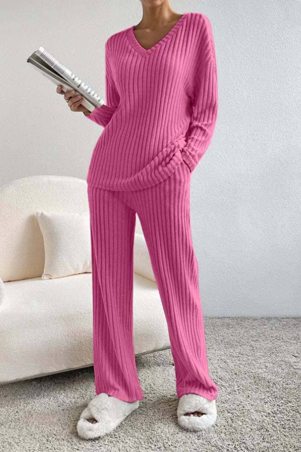 Ribbed Knit Long Sleeve Lounge Pajama Set: Khaki