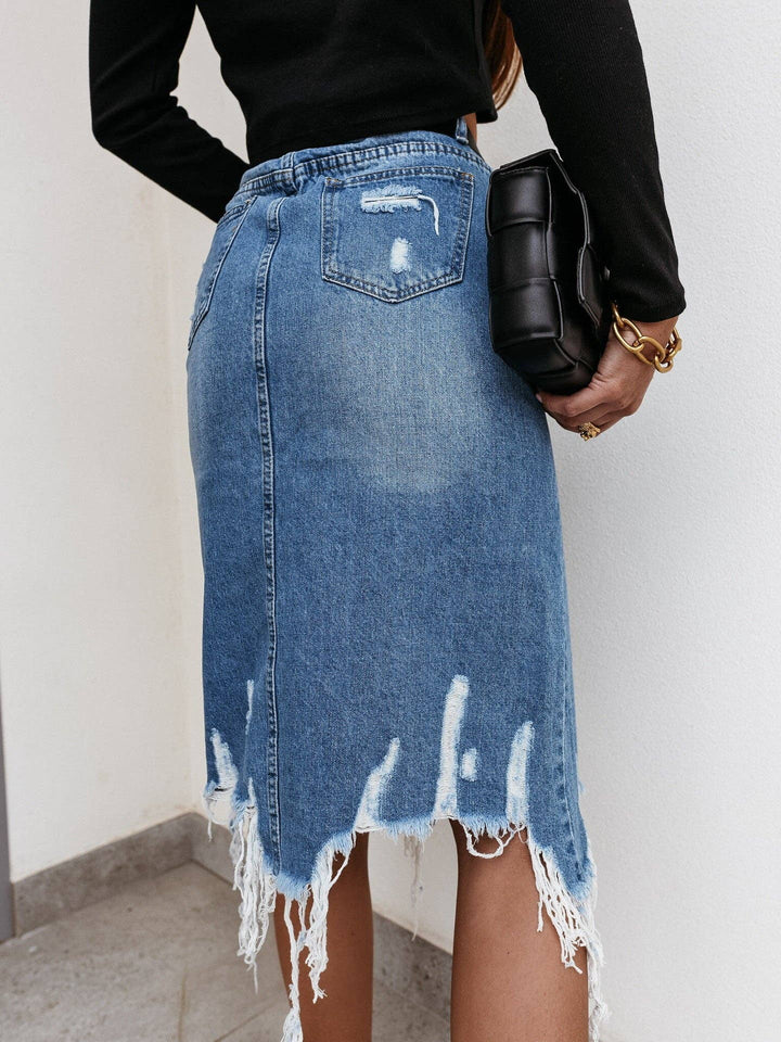 High Waist Distressed Split Daily Denim Midi Skirt SKS6697: L