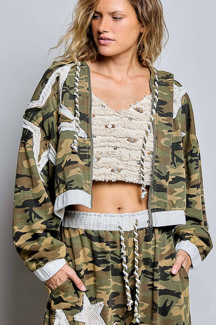 Vintage Washed Floral Star Patch Cropped Zip Hoodie