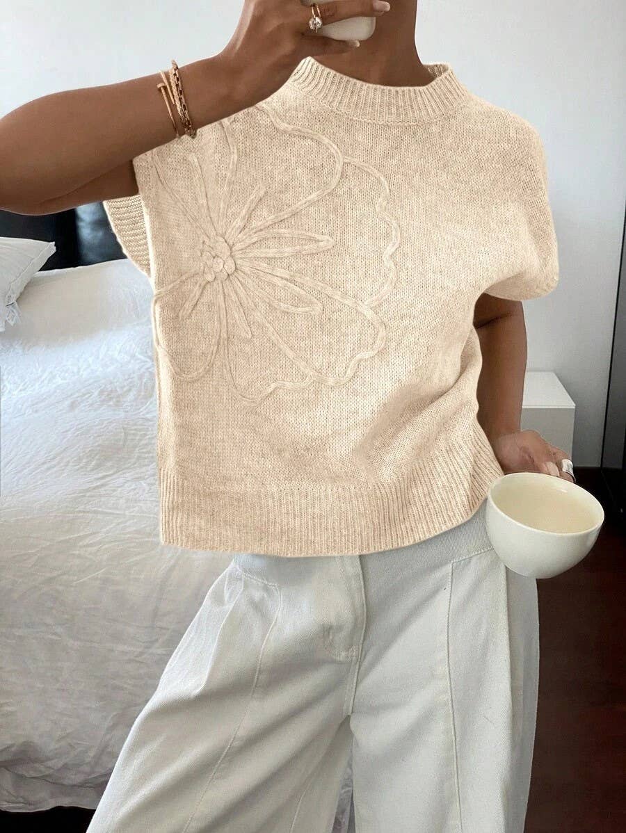 Camellia pattern knit sweater short sleeve vest: Charcoal / XL