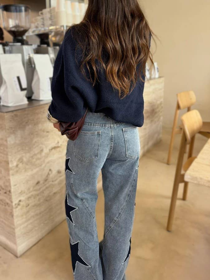 Y2k Retro Star Jeans With Pearled Navy Stars: Blue / S
