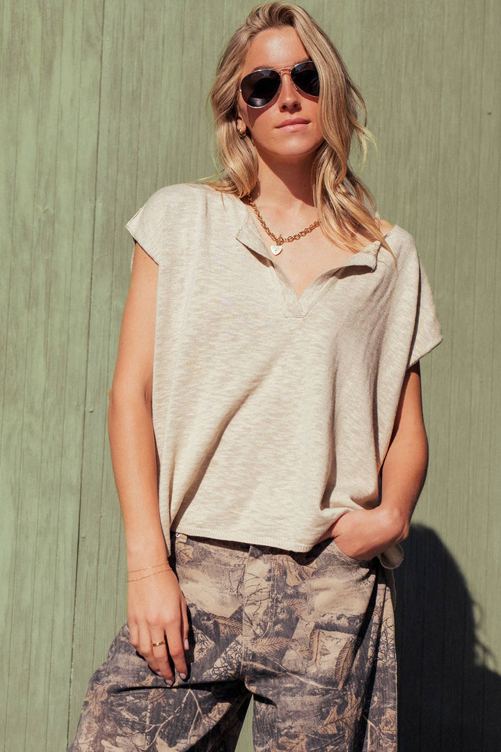 Split Neck Cap Sleeve Cotton Blend Top: Beige / S-M-L:2-2-2