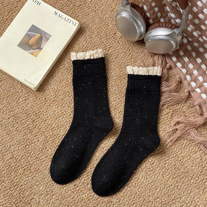 Retro lace dot yarn mid-tube women's socks soft waxy socks: Khaki