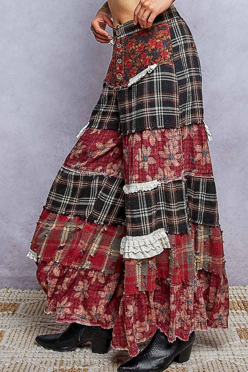Floral Print Ruffle Trim Patchwork Plaid Wide Leg Pants