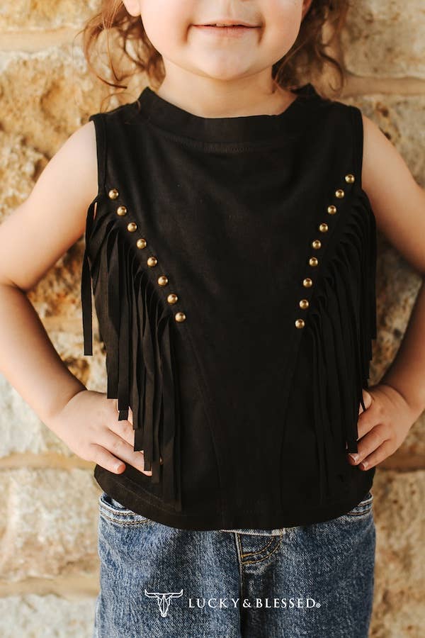 Girls Black Suede Front Arch Fringe Top
