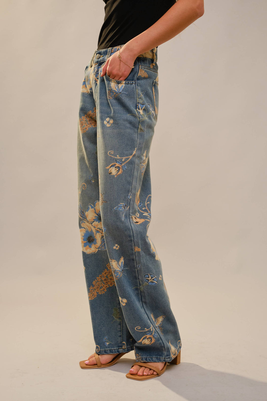 91690P Floral Print Wide Leg Jeans: DENIM MULTI / S-M-L