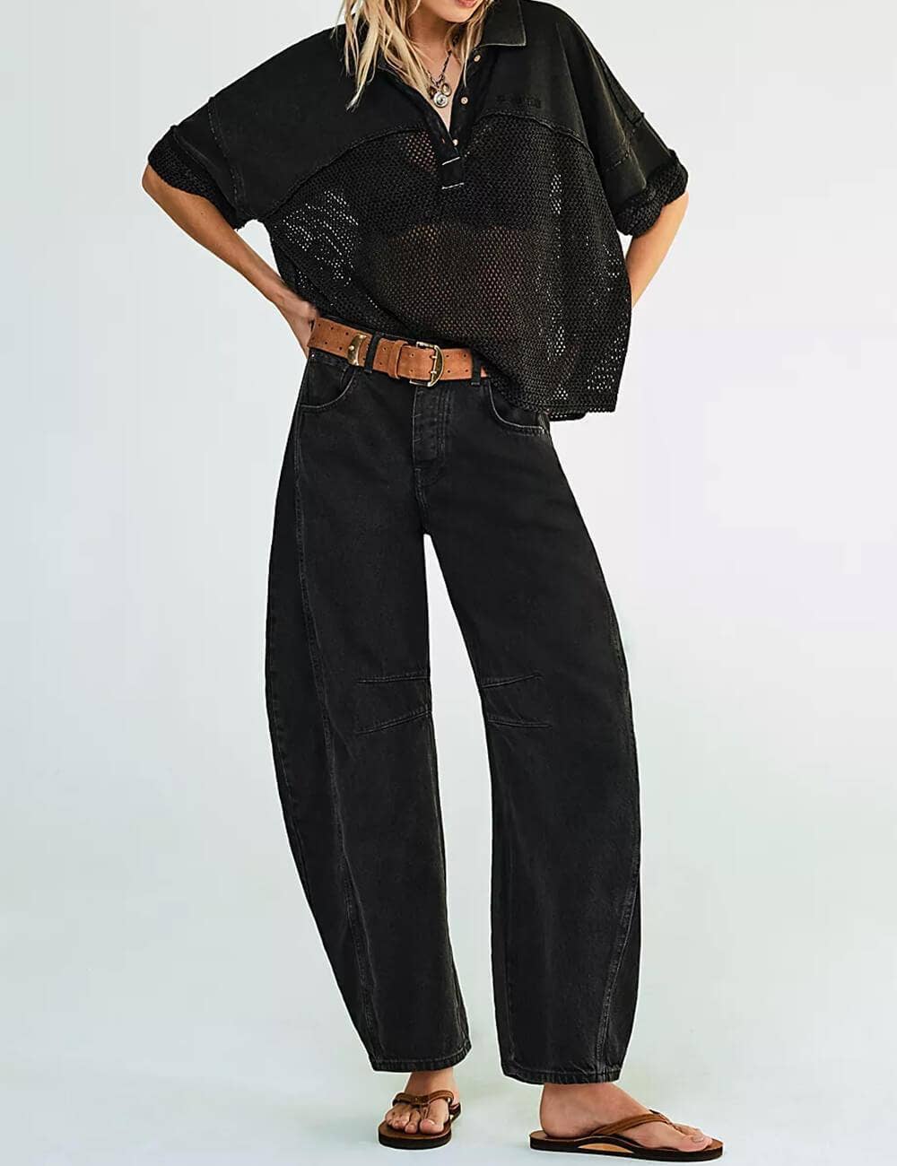 Ladies Mid Rise Wide Leg Barrel Jeans SKP522: Denim Blue / XS