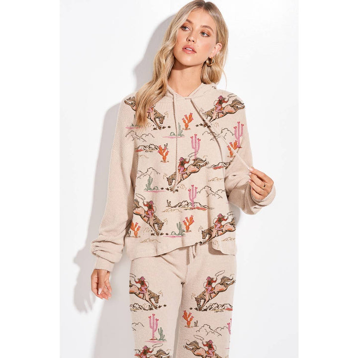 Desert Cowgirl Print Rib Hoodie Loungewear Set : Taupe / L