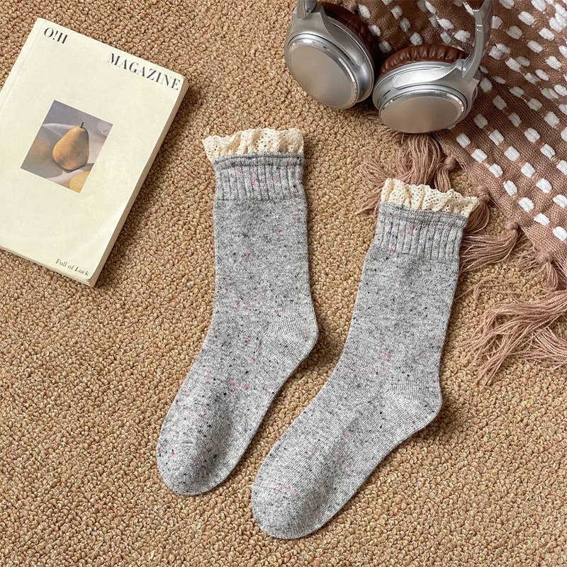 Retro lace dot yarn mid-tube women's socks soft waxy socks: Gray