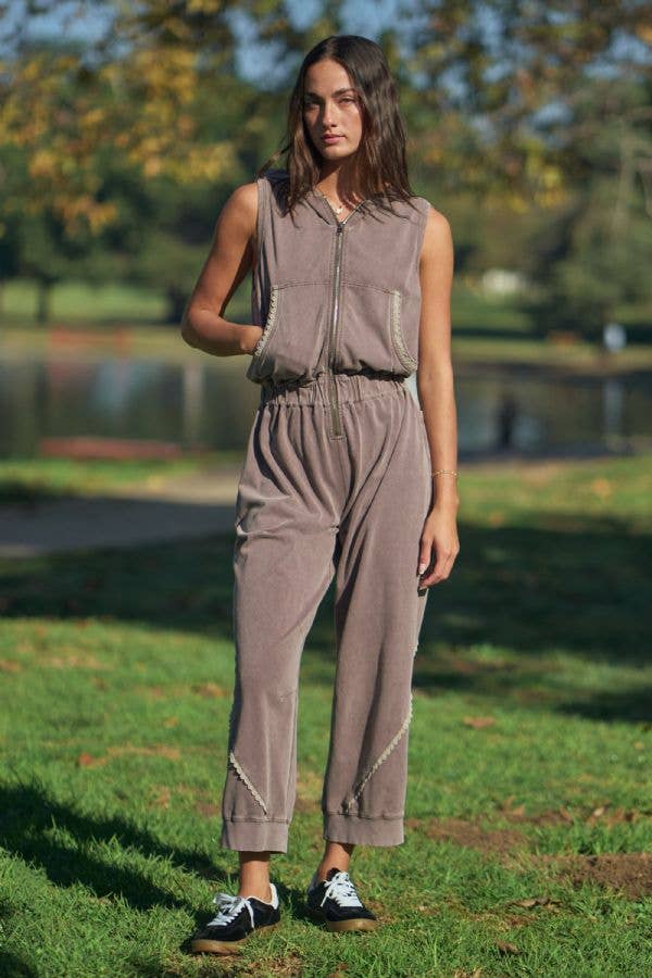 WASHED LACE TRIM HOODIE JOGGER JUMPSUIT