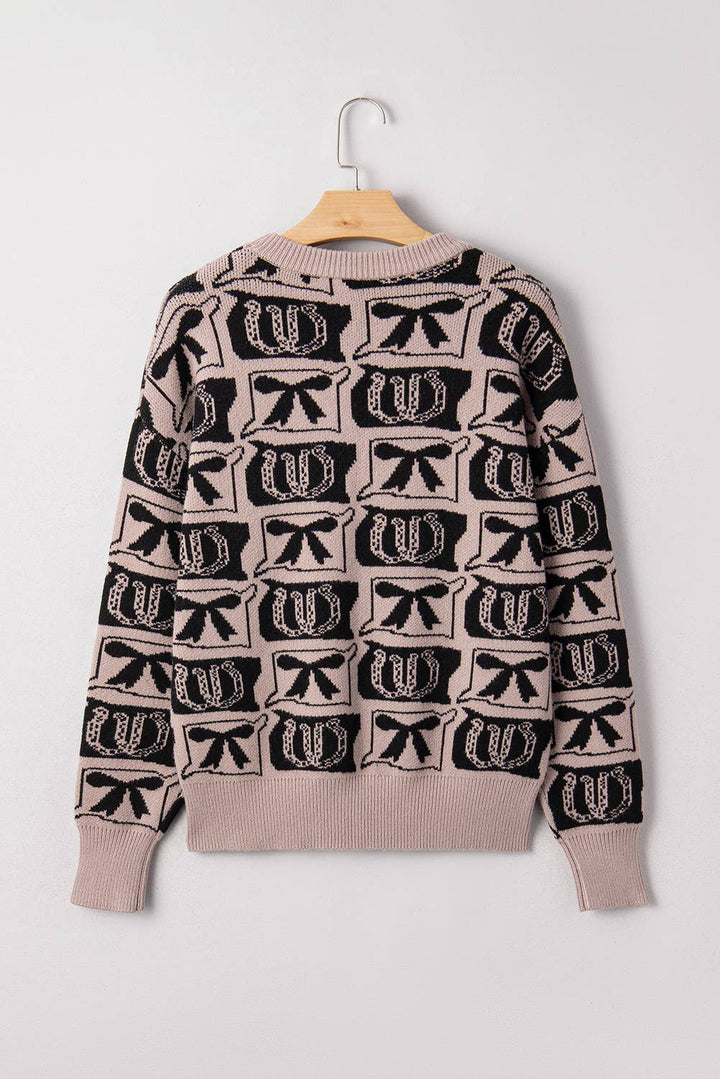 Bows Horseshoes Pattern Western Fashion Print Sweater (S-4X): Brown / S