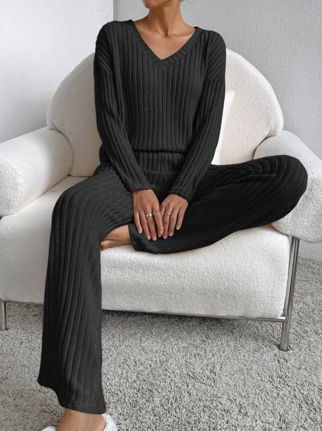 Ribbed Knit Long Sleeve Lounge Pajama Set: Khaki