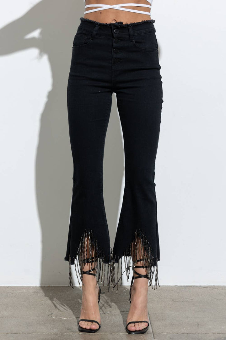 1365P - RHINESTONE FRINGE DENIM PANTS: BLACK / LARGE