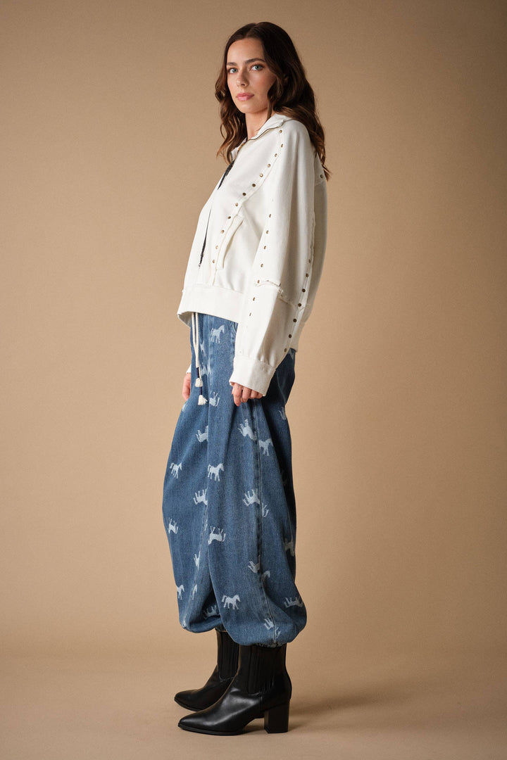 Horse Print Denim Jogger Pants