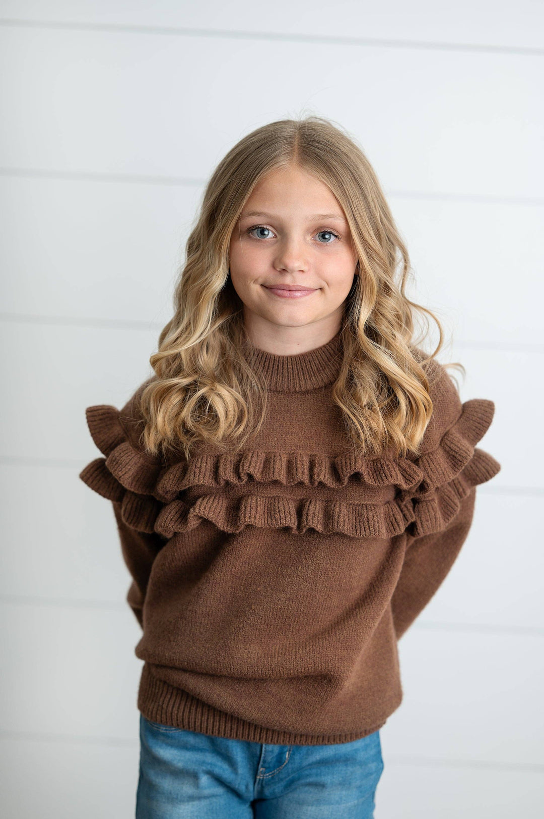 Kids Chocolate Double Ruffle Crew Neck Fall Winter Sweater: 3/4