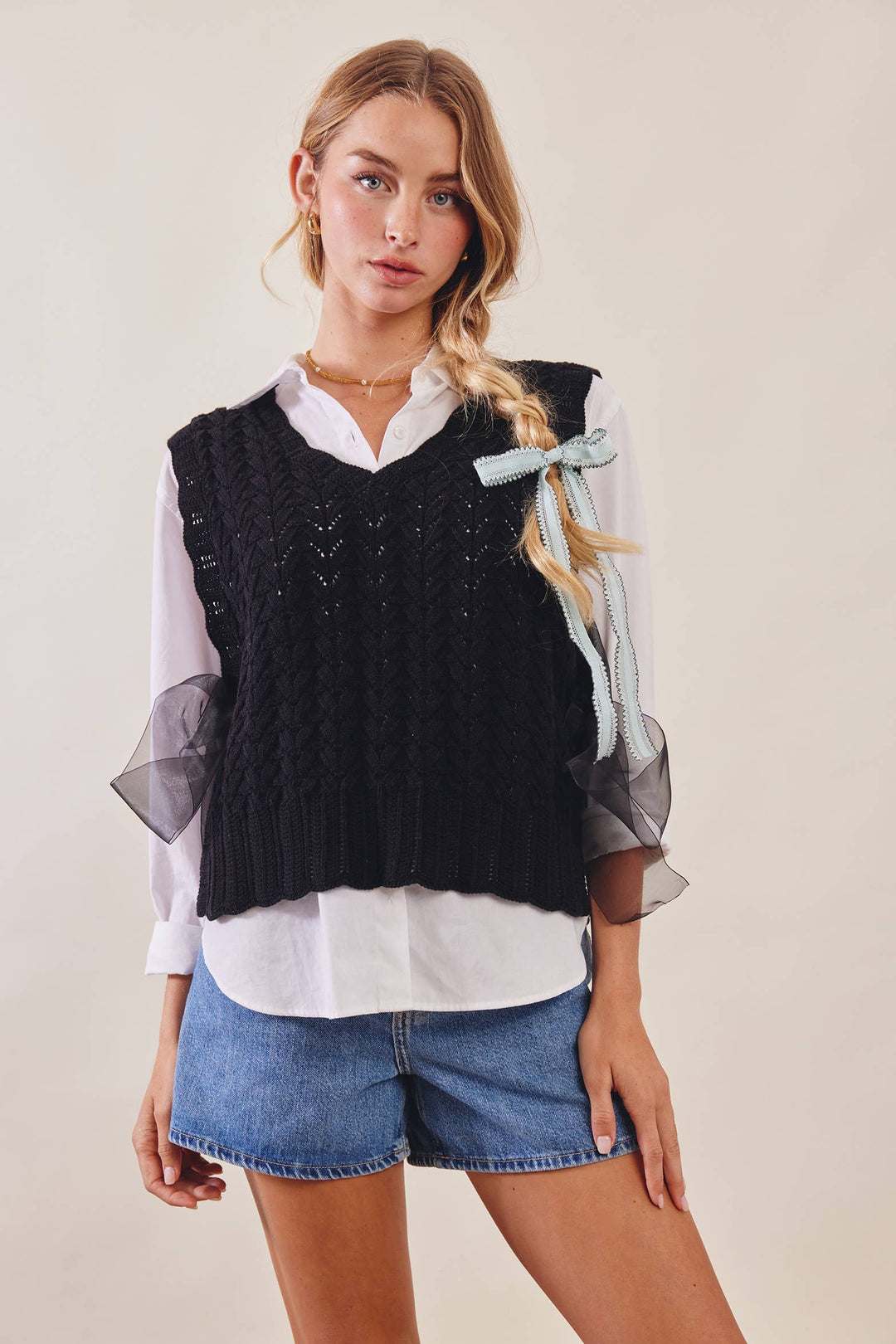 Pointelle Knit Ribbon-Tie Vest Top