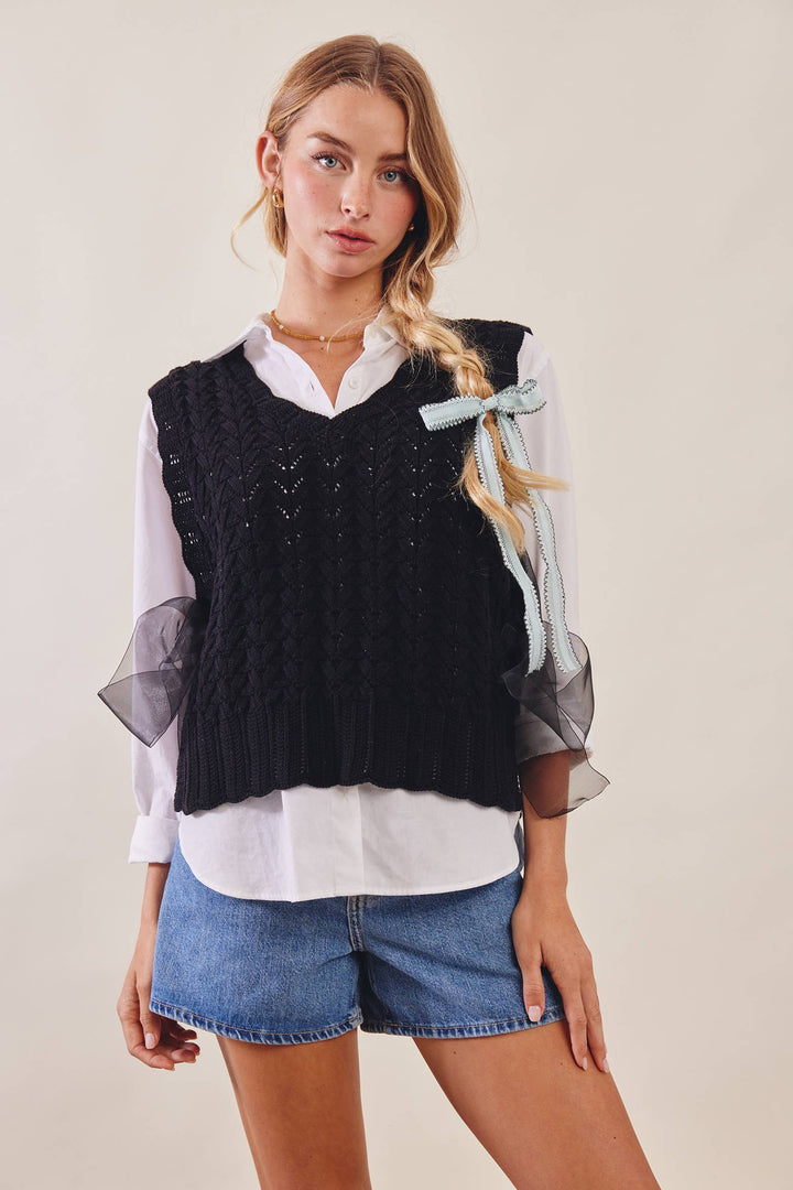 Pointelle Knit Ribbon-Tie Vest Top