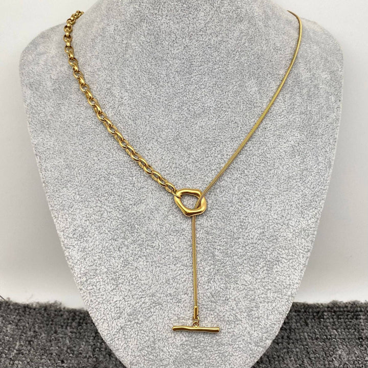 FGS - 18K Gold Plated Stainless Steel Ot Buckle Lariat Chain: Steel color + Golden