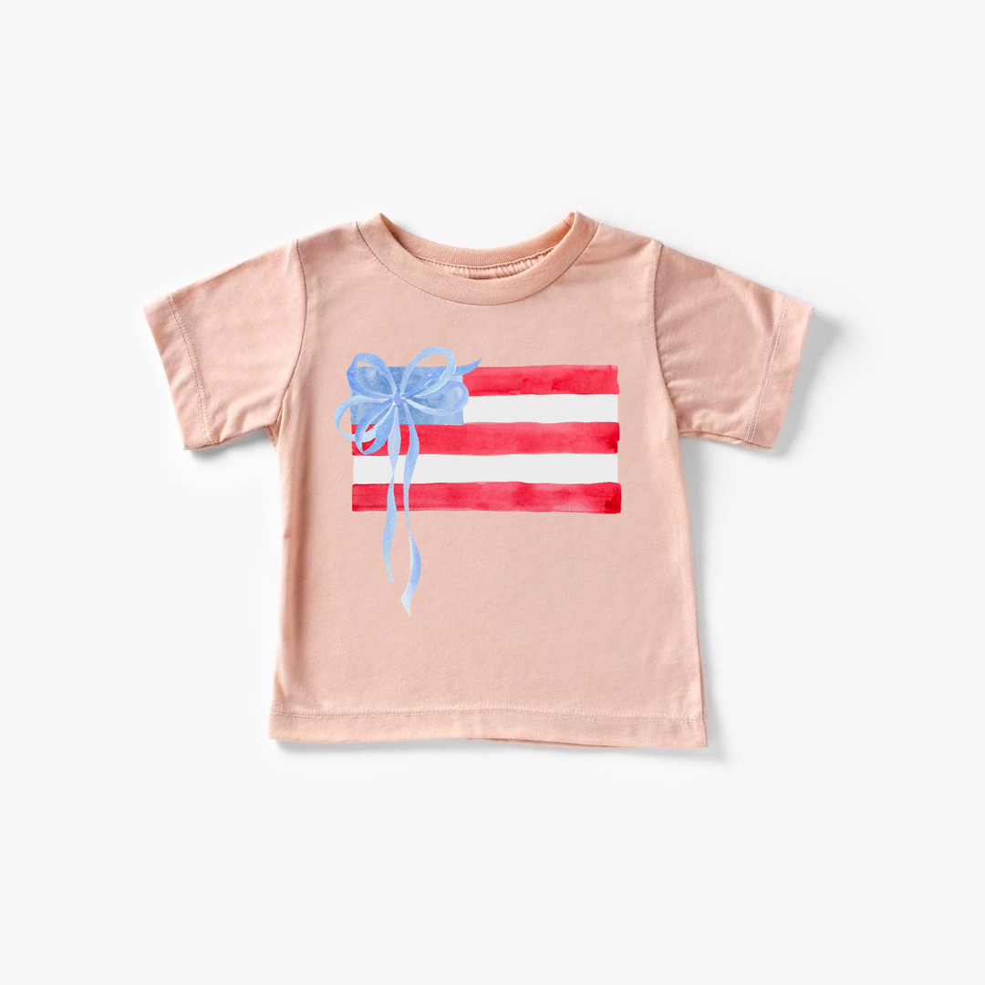 American Flag and Bow Girl 4th of July Kids Shirt: Ice Blue