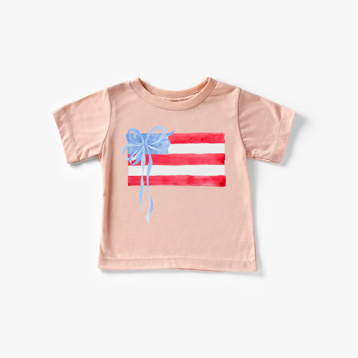 American Flag and Bow Girl 4th of July Kids Shirt: Ice Blue