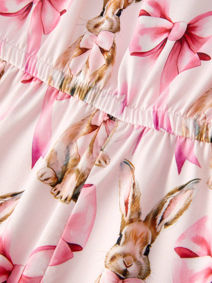 Pink Easter Bunny Bow Print Girls Sling Flared Jumpsuit