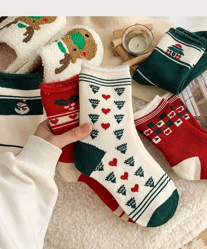 Christmas Festive Patterns Socks, Retro Holiday Themed Socks: Grid
