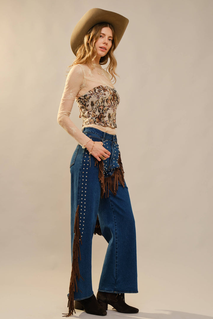 33158T - Horse Jacquard Lace-Up Corset Top: TAUPE MULTI / S-M-L (2-2-2)